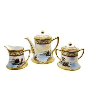 Vintage Japanese Nippon Kutani Porcelain Teapot Creamer Sugar Bowl Set Landscape